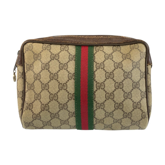 GUCCI Clutch bag 98 69 014 3553 GG Supreme Canvas Beige Brown Gold Metal Sherry Line Old Gucci