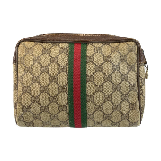 GUCCI Clutch bag 98 69 014 3553 GG Supreme Canvas Beige Brown Gold Metal Sherry Line Old Gucci