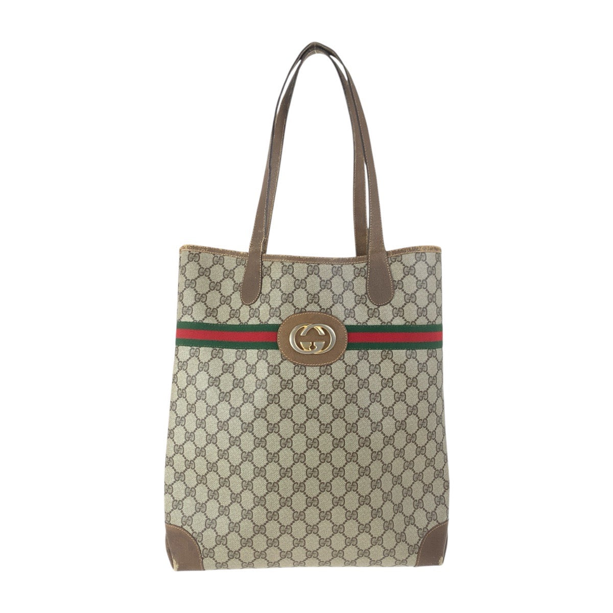 GUCCI Tote Bag 002 904 0131 GG Supreme Canvas Beige Brown Gold Metal Old Gucci Shelly Line