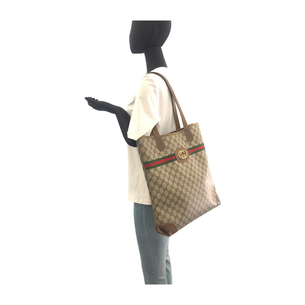 GUCCI Tote Bag 002 904 0131 GG Supreme Canvas Beige Brown Gold Metal Old Gucci Shelly Line