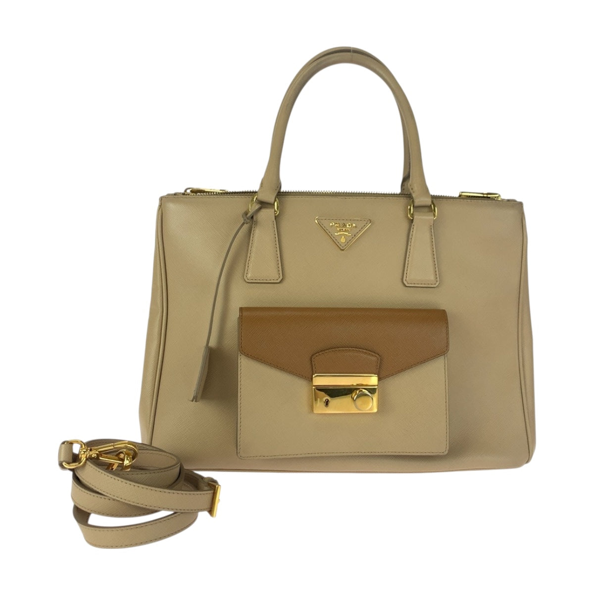 PRADA Shoulder Bag BN2674 leather beige Safiano Triangle With logo