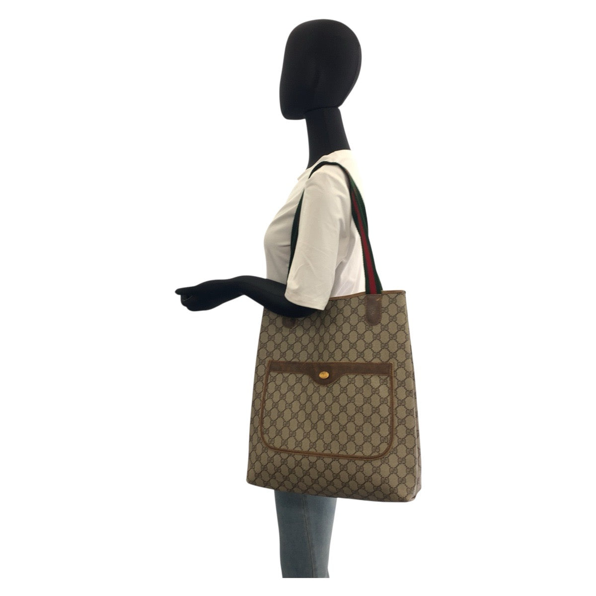 GUCCI Tote Bag 16 002 4487 GG Supreme Canvas Beige Gold Metal Sherry Line Old Gucci