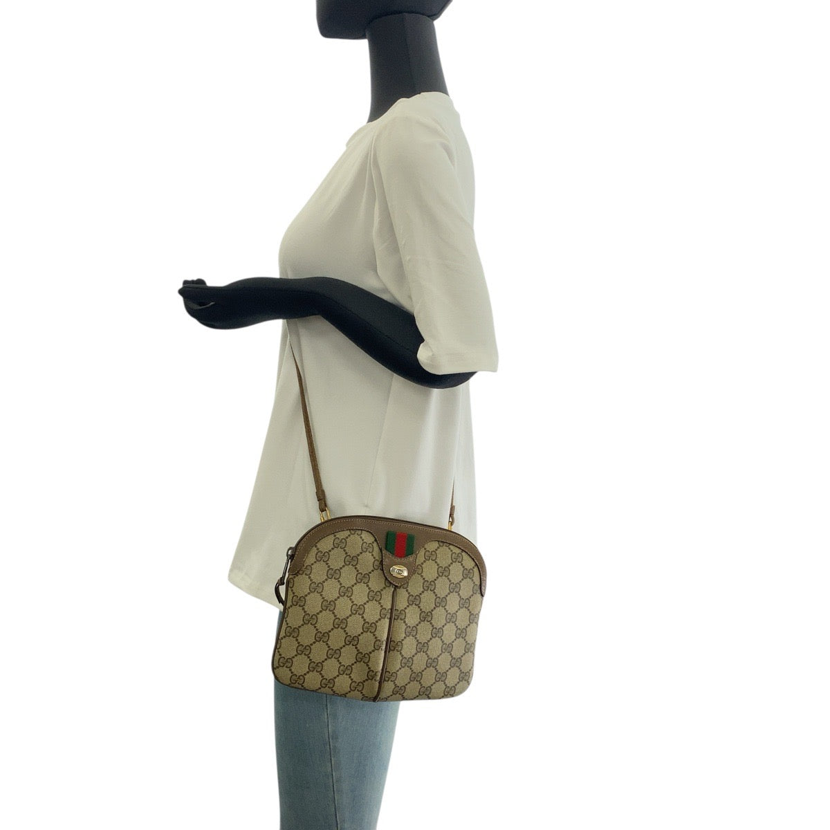 GUCCI Shoulder Bag 904 02 047 GG Supreme Canvas Beige Brown Gold Metal Old Gucci Shelly Line