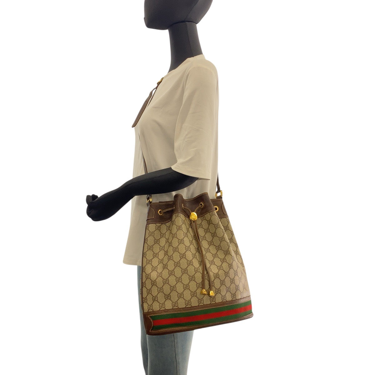 GUCCI Shoulder Bag 164 02 085 GG Supreme Canvas Beige Brown Gold Metal Old Gucci Shelly Line