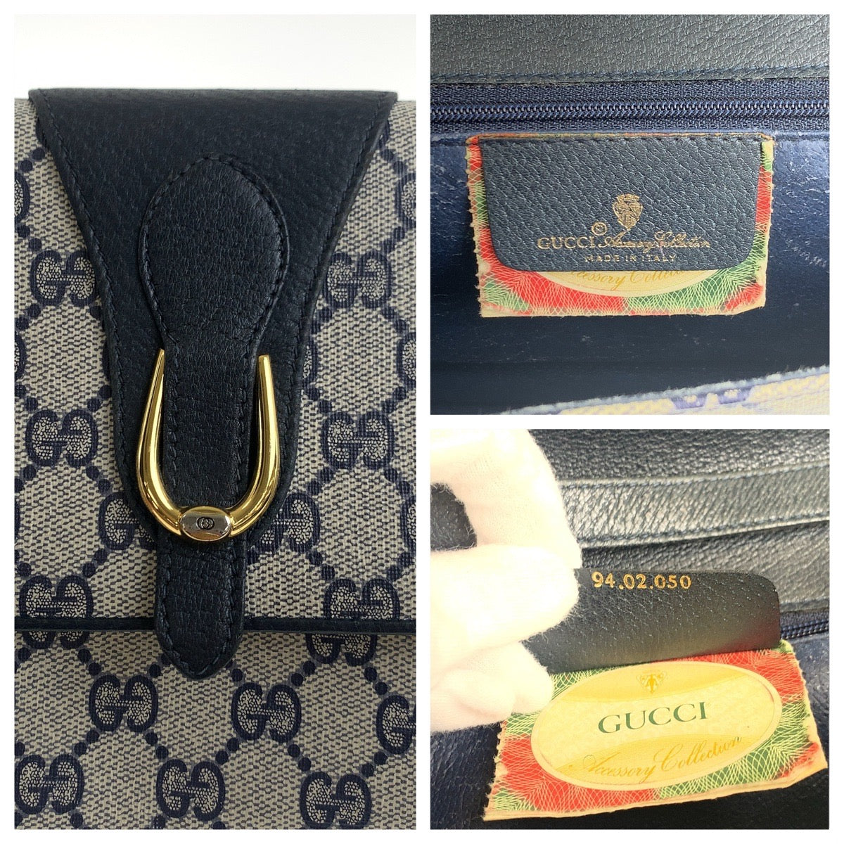 GUCCI Shoulder Bag 94 02 050 GG Supreme Canvas Navy Gray Gold Metal Old Gucci