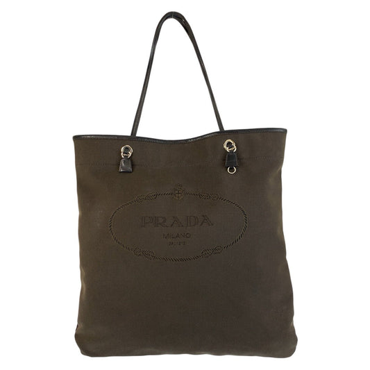 PRADA Tote Bag canvas Brown Silver Metal Logo jacquard
