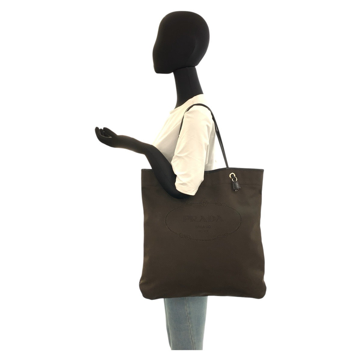 PRADA Tote Bag canvas Brown Silver Metal Logo jacquard