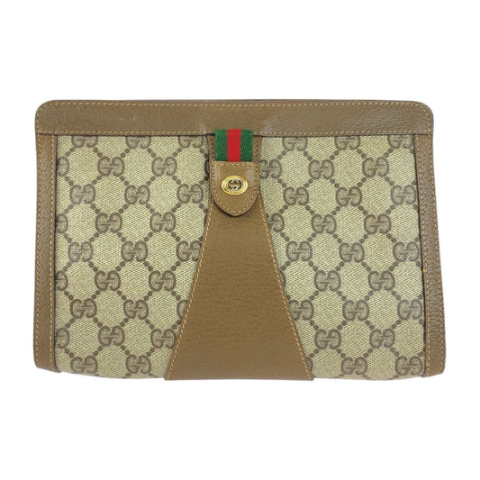 GUCCI Clutch bag 89 01 032 GG Supreme Canvas Brown Beige Gold Metal Old Gucci Shelly Line