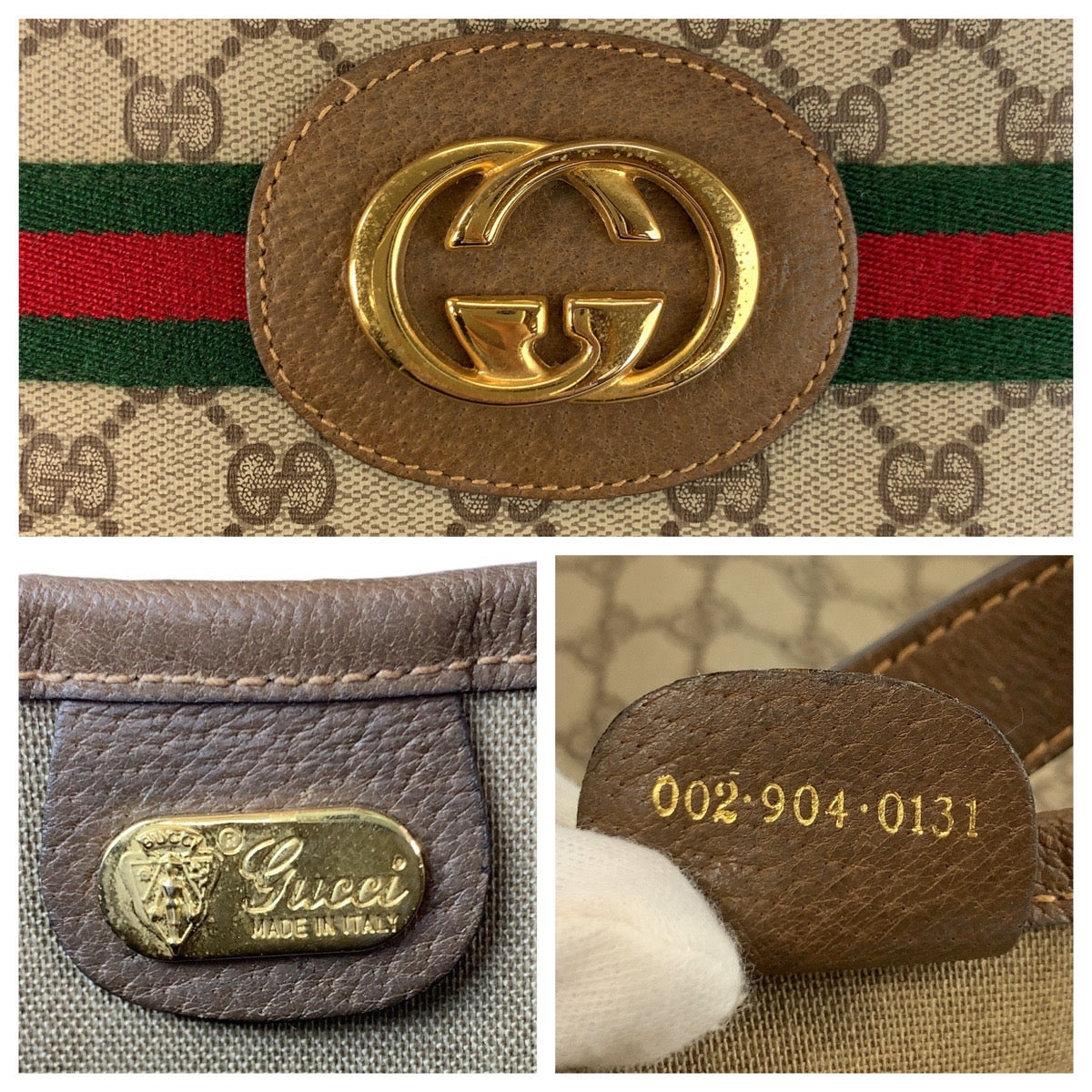 GUCCI Tote Bag 002 904 0131 GG Supreme Canvas Beige Gold Metal Sherry Line Old Gucci
