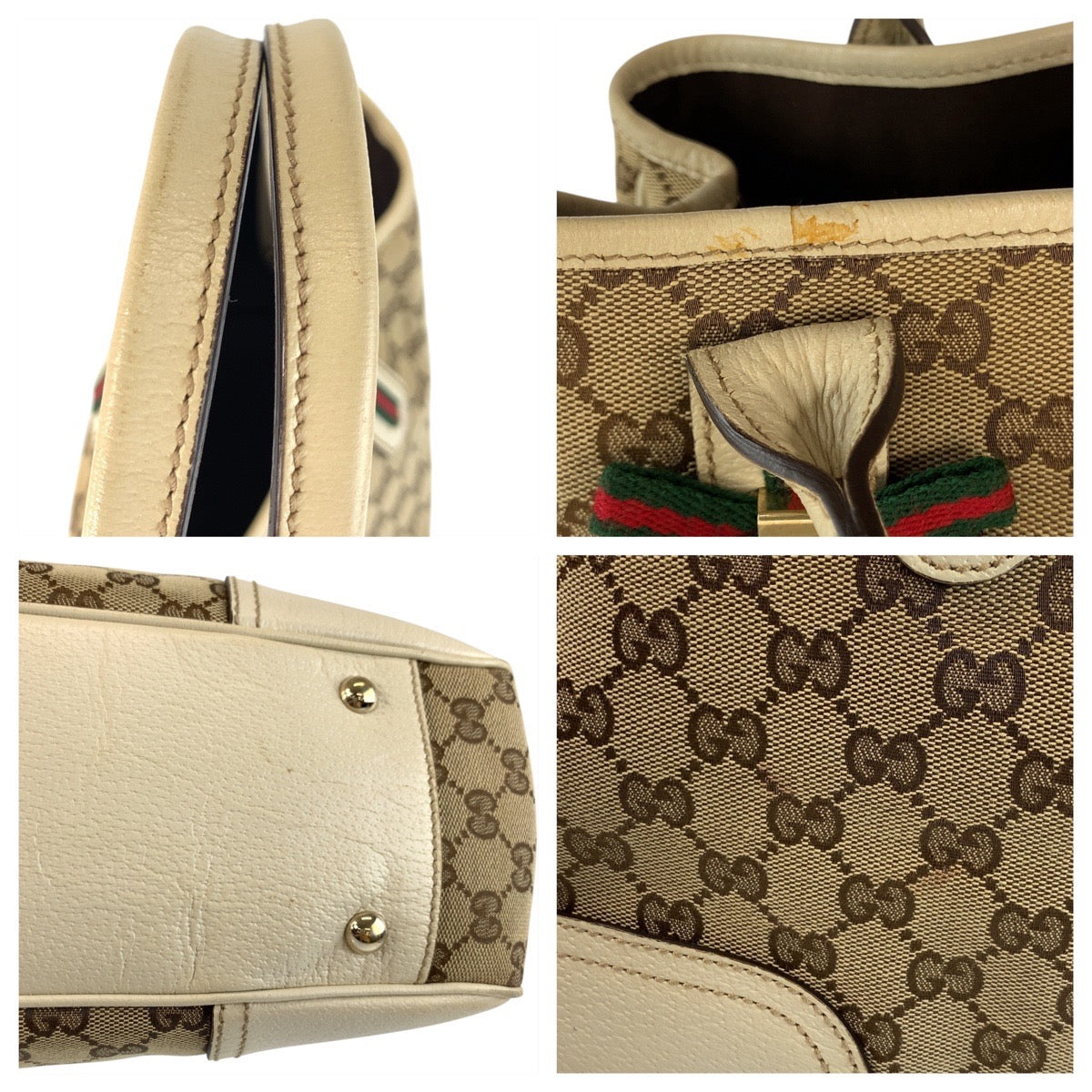 GUCCI Tote Bag 163805 GG canvas Beige Ivory Gold Metal Prince Shelley Line