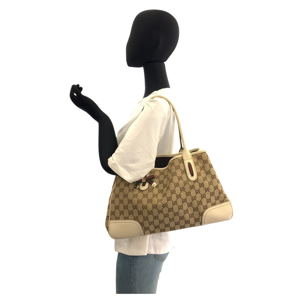 GUCCI Tote Bag 163805 GG canvas Beige Ivory Gold Metal Prince Shelley Line