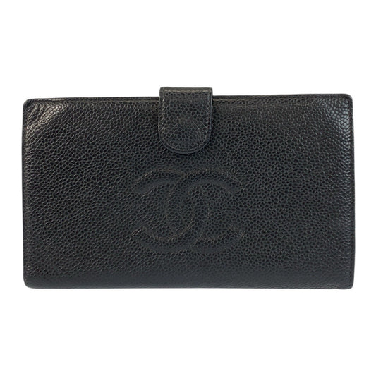 CHANEL Bifold Wallet Caviar skin Black GoldMetal COCO Mark
