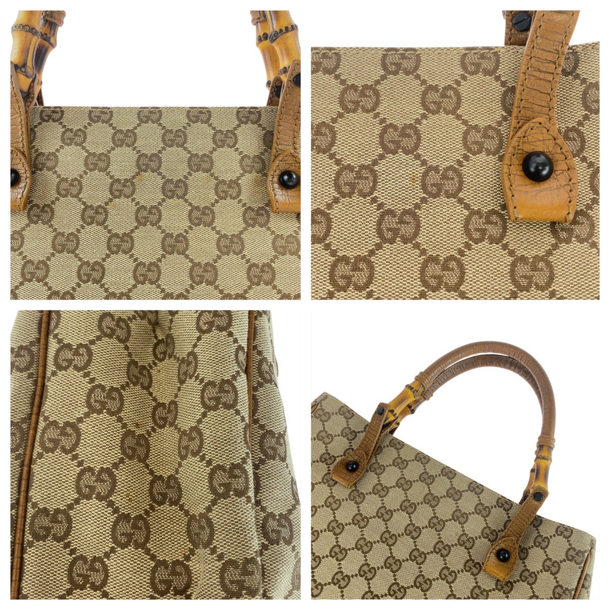 GUCCI Tote Bag 112530 GG canvas Beige Brown Black Metal Bamboo