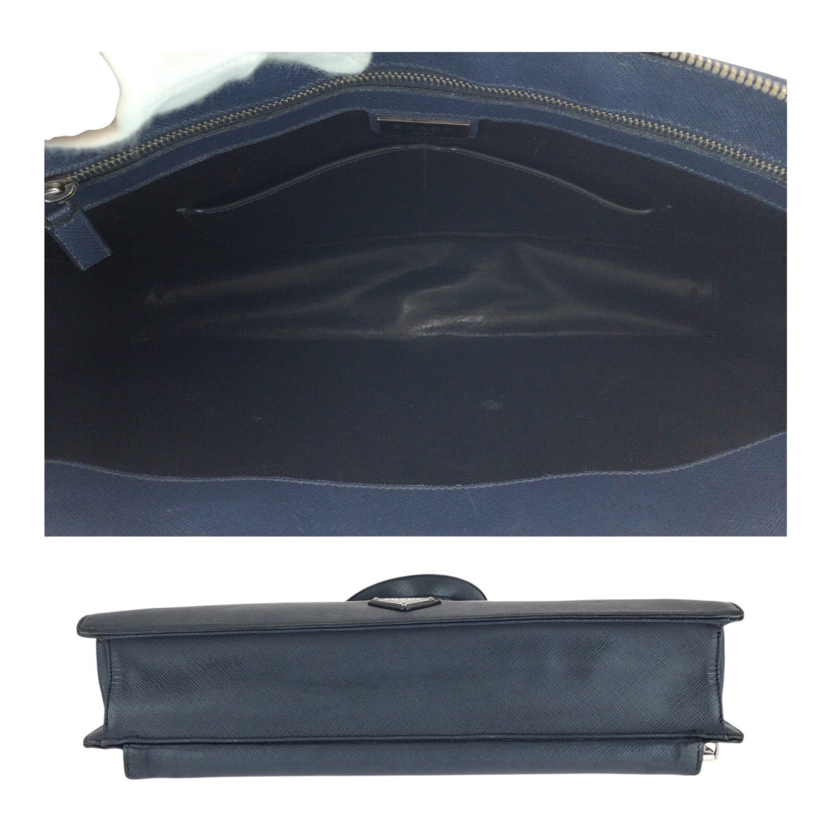PRADA Business bag leather Navy SilverMetal Safiano Triangle With logo
