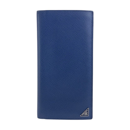 PRADA Long Wallet Purse leather Navy SilverMetal Safiano Triangle With logo
