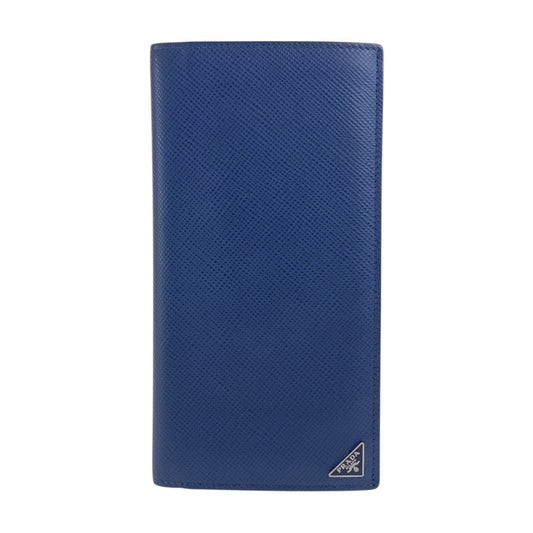 PRADA Long Wallet Purse leather Navy SilverMetal Safiano Triangle With logo