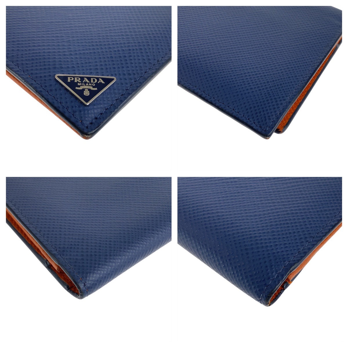 PRADA Long Wallet Purse leather Navy SilverMetal Safiano Triangle With logo