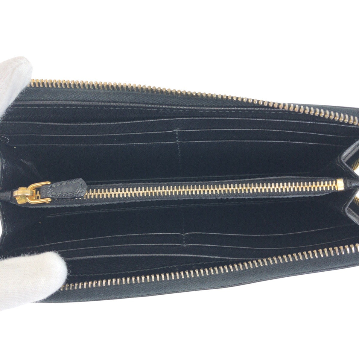 PRADA Long Wallet Purse leather Black Gold Metal Safiano logo