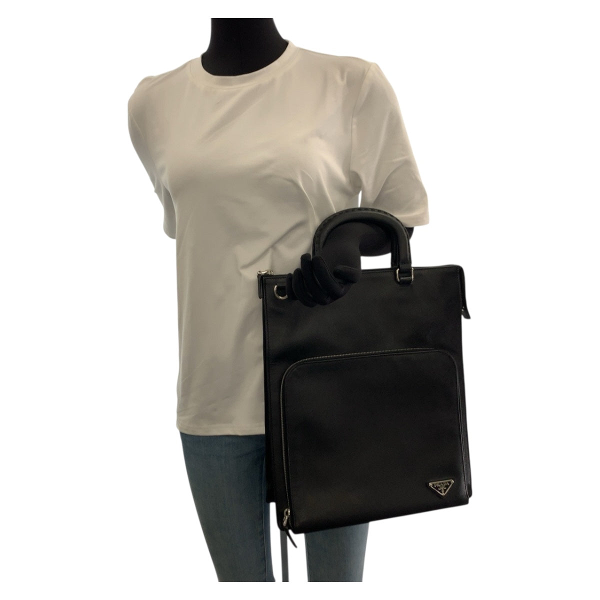 PRADA Tote Bag leather black Safiano Triangle With logo