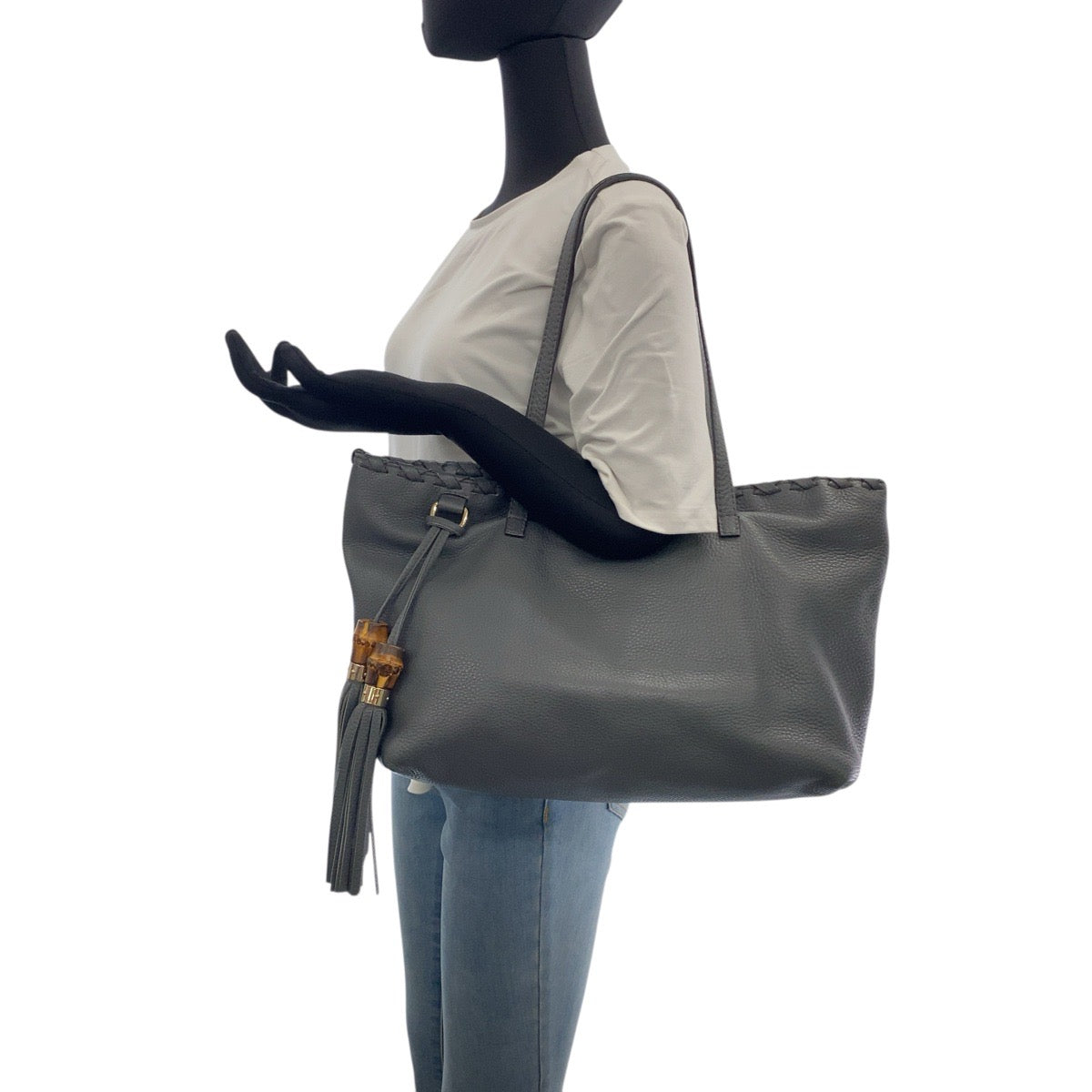 GUCCI Tote Bag 354665 leather Grey SilverMetal Bamboo