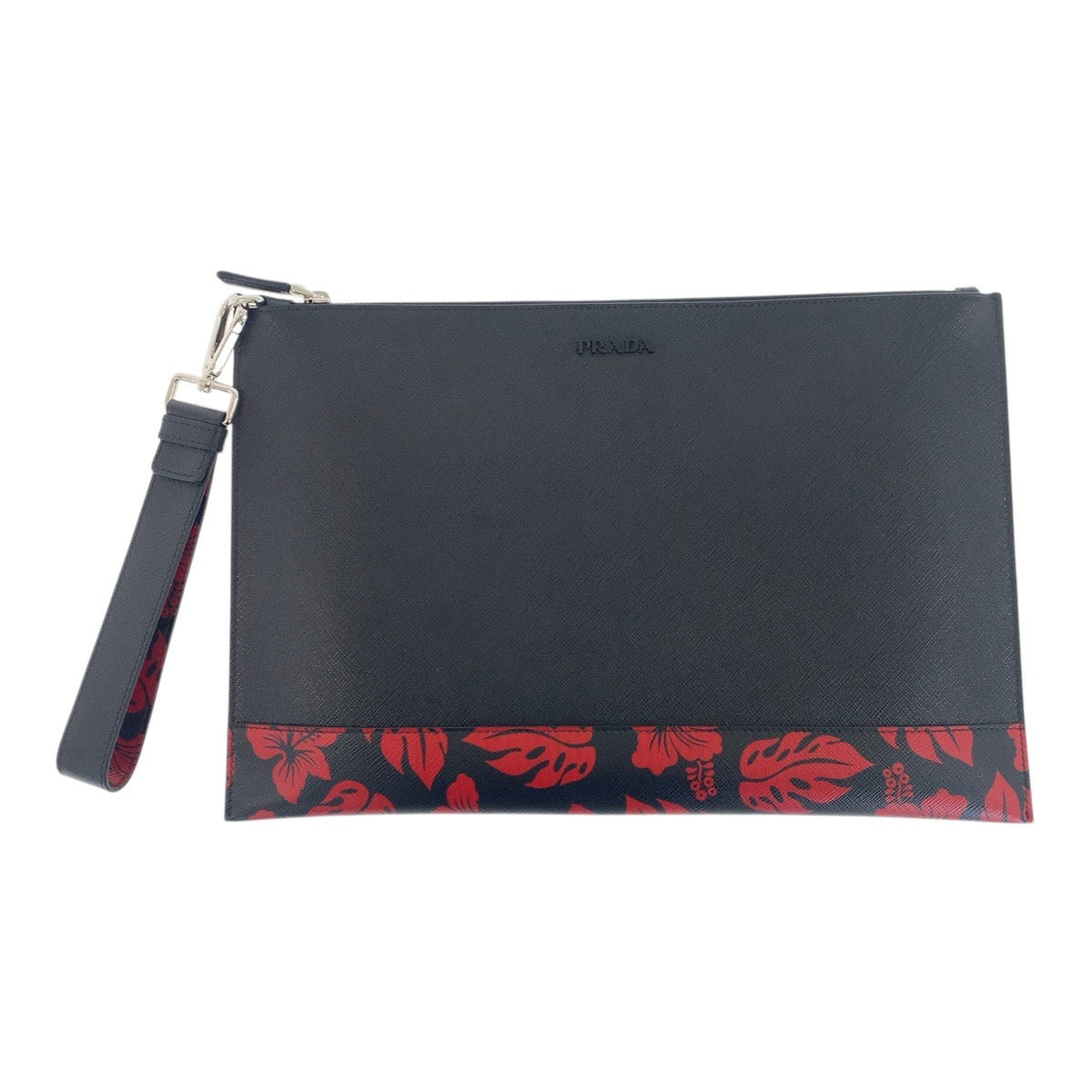 PRADA Clutch bag leather Black Red SilverMetal Saffiano floral print logo