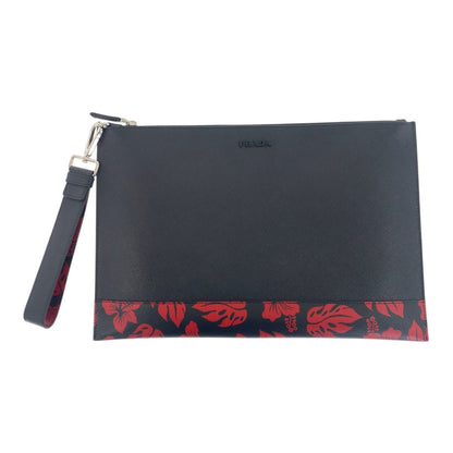PRADA Clutch bag leather Black Red SilverMetal Saffiano floral print logo
