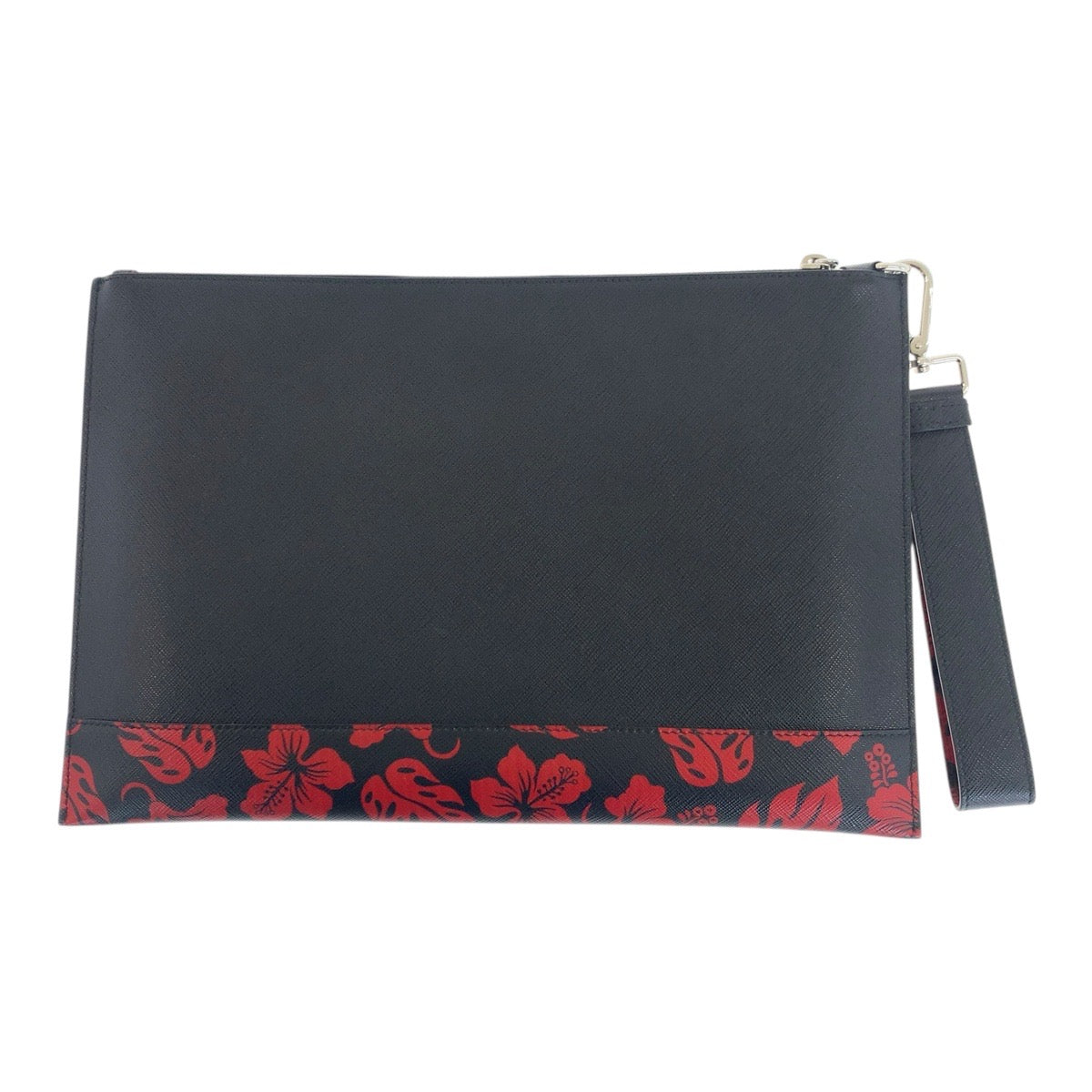 PRADA Clutch bag leather Black Red SilverMetal Saffiano floral print logo