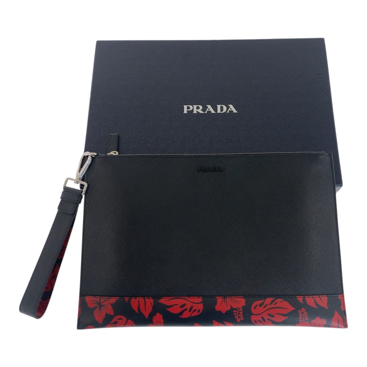 PRADA Clutch bag leather Black Red SilverMetal Saffiano floral print logo