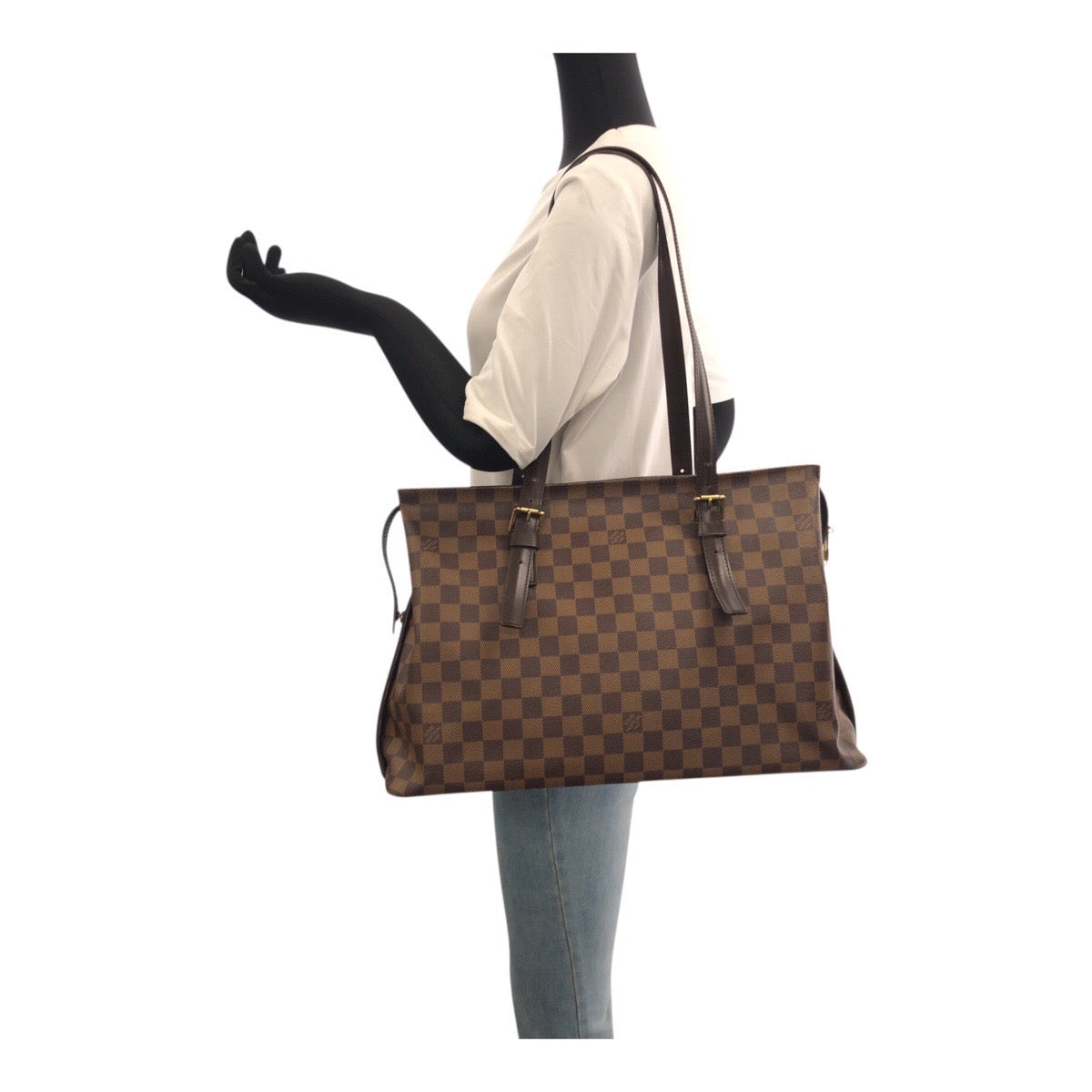 LOUIS VUITTON Tote Bag N51119 PVC Brown Gold Metal Damier Ebene Chelsea
