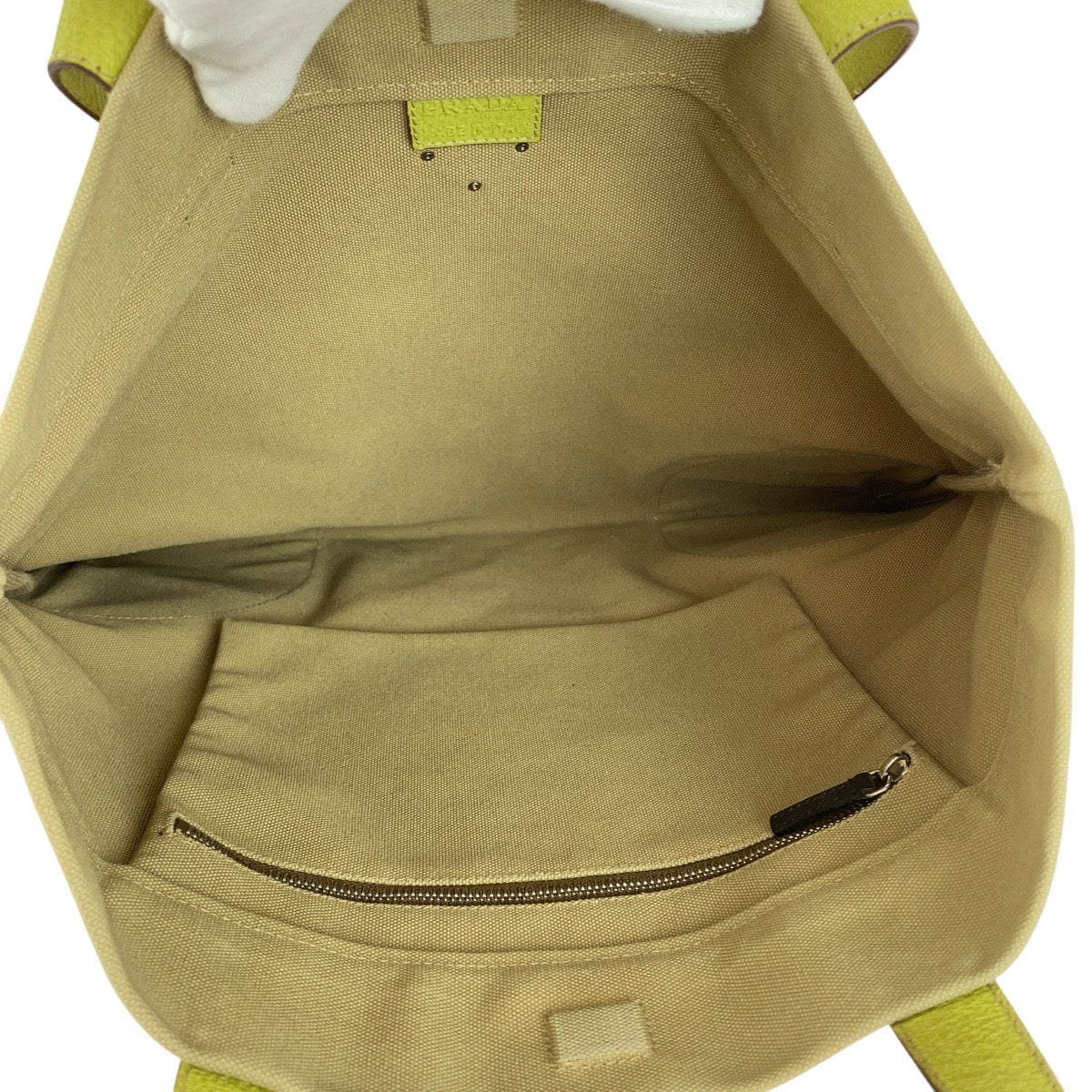 PRADA Tote Bag canvas Beige Green SilverMetal Triangle With logo