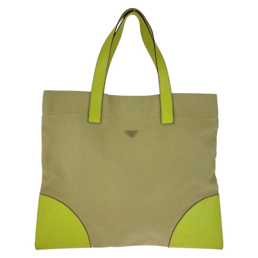 PRADA Tote Bag canvas Beige Green SilverMetal Triangle With logo