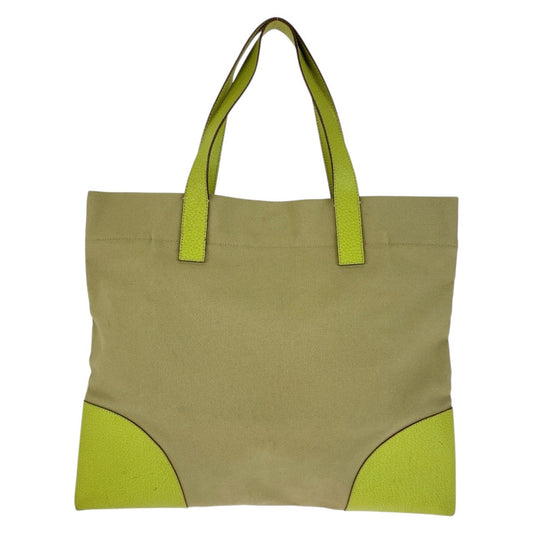 PRADA Tote Bag canvas Beige Green SilverMetal Triangle With logo