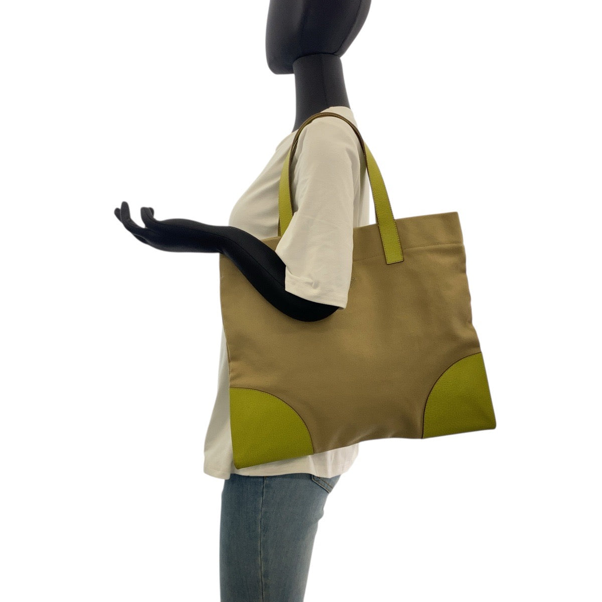 PRADA Tote Bag canvas Beige Green SilverMetal Triangle With logo