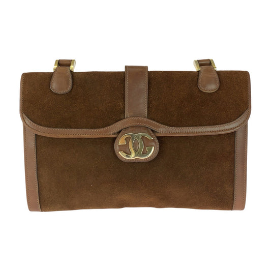 GUCCI Shoulder Bag Suede Brown Gold Metal Old Gucci