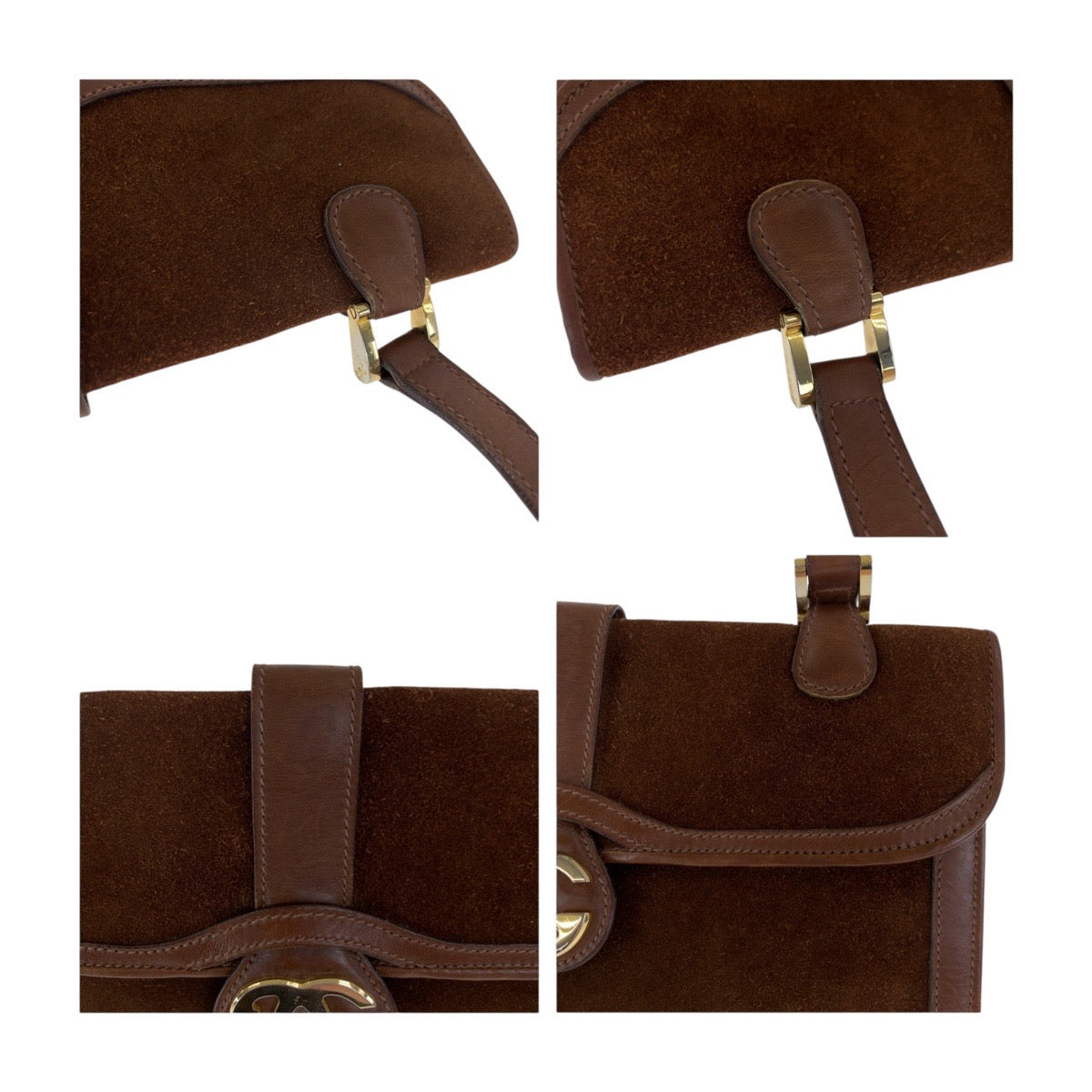 GUCCI Shoulder Bag Suede Brown Gold Metal Old Gucci