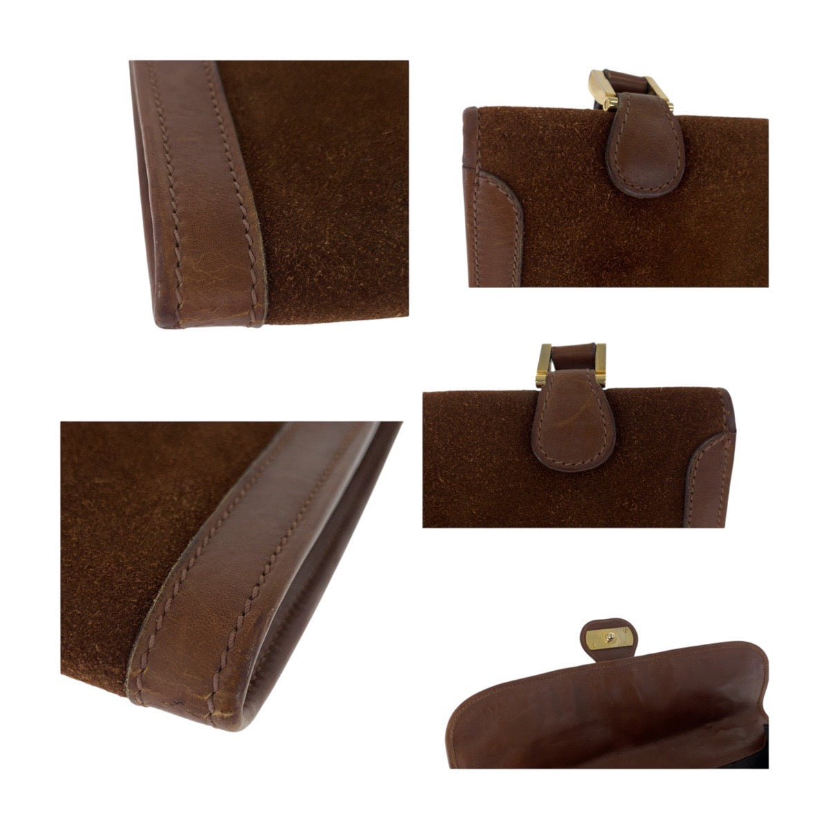 GUCCI Shoulder Bag Suede Brown Gold Metal Old Gucci