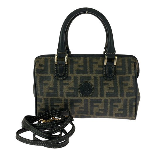 FENDI Shoulder Bag PVC Brown Gold Metal Zucca Pattern