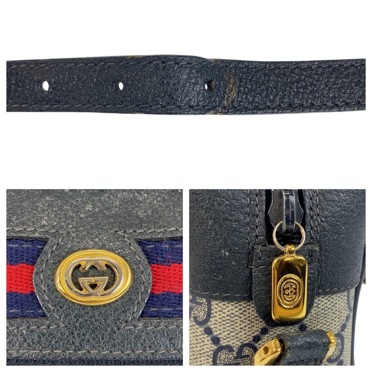 GUCCI Shoulder Bag 119 02 088 GG Supreme Canvas Gray Navy Gold Metal Sherry Line Old Gucci