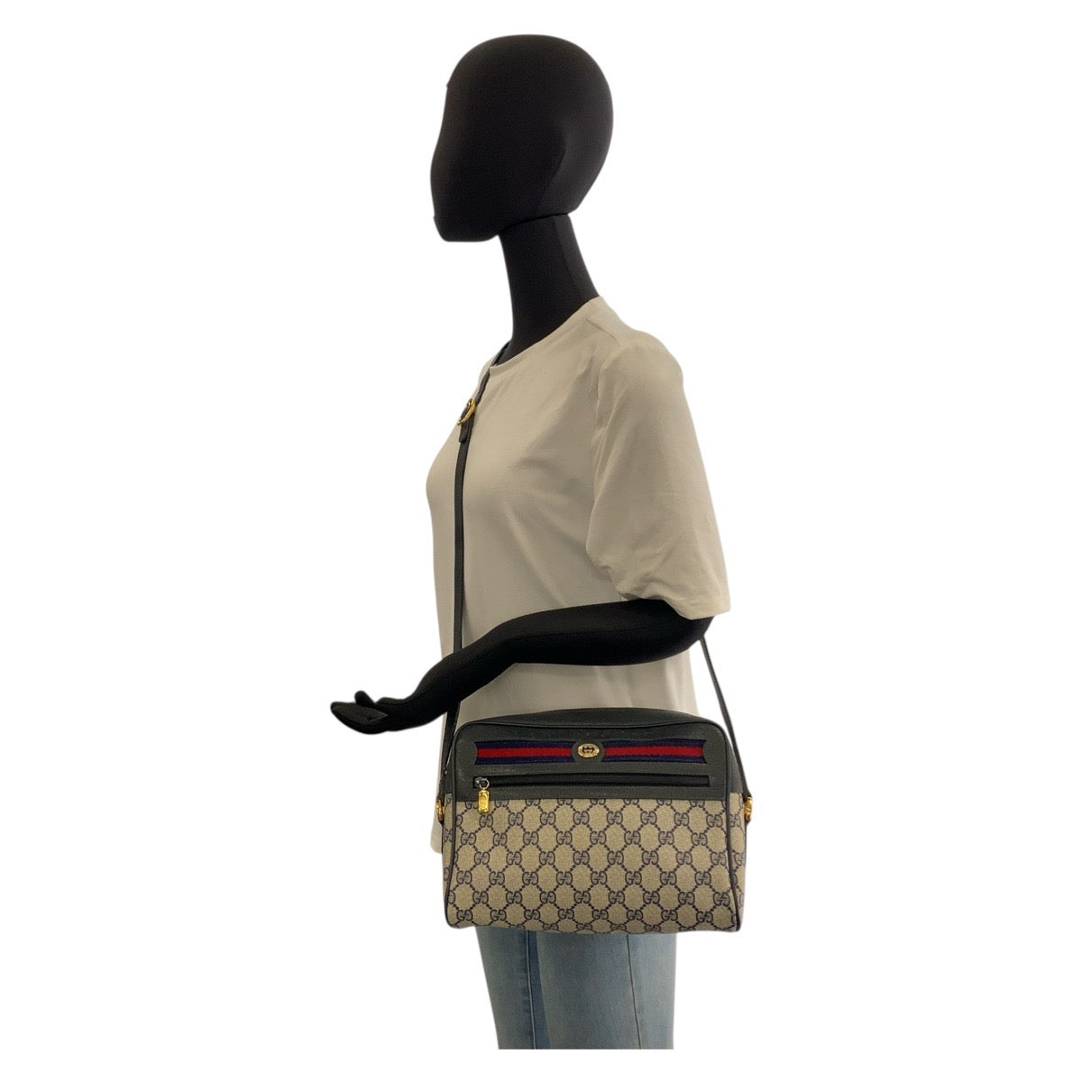 GUCCI Shoulder Bag 119 02 088 GG Supreme Canvas Gray Navy Gold Metal Sherry Line Old Gucci