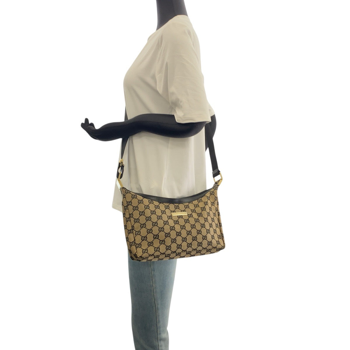 GUCCI Shoulder Bag 019 0433 GG canvas Beige Black Gold Metal