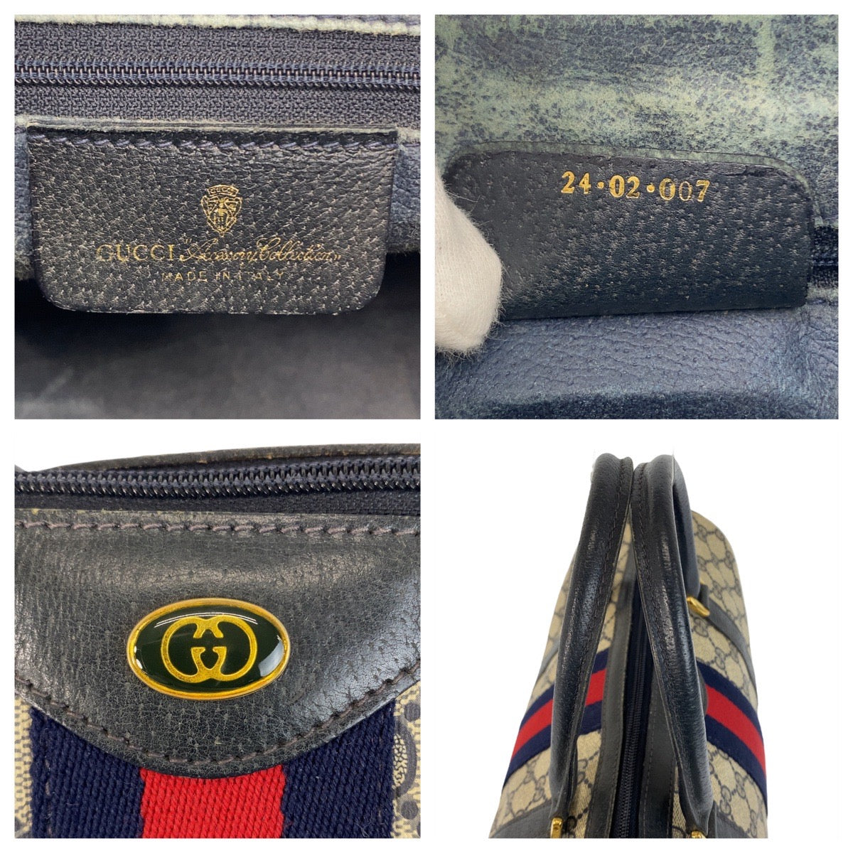 GUCCI Handbag 24 02 007 GG Supreme Canvas Gray Navy Gold Metal Sherry line