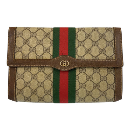 GUCCI Clutch bag 38 GG Supreme Canvas Beige Brown Gold Metal Sherry line