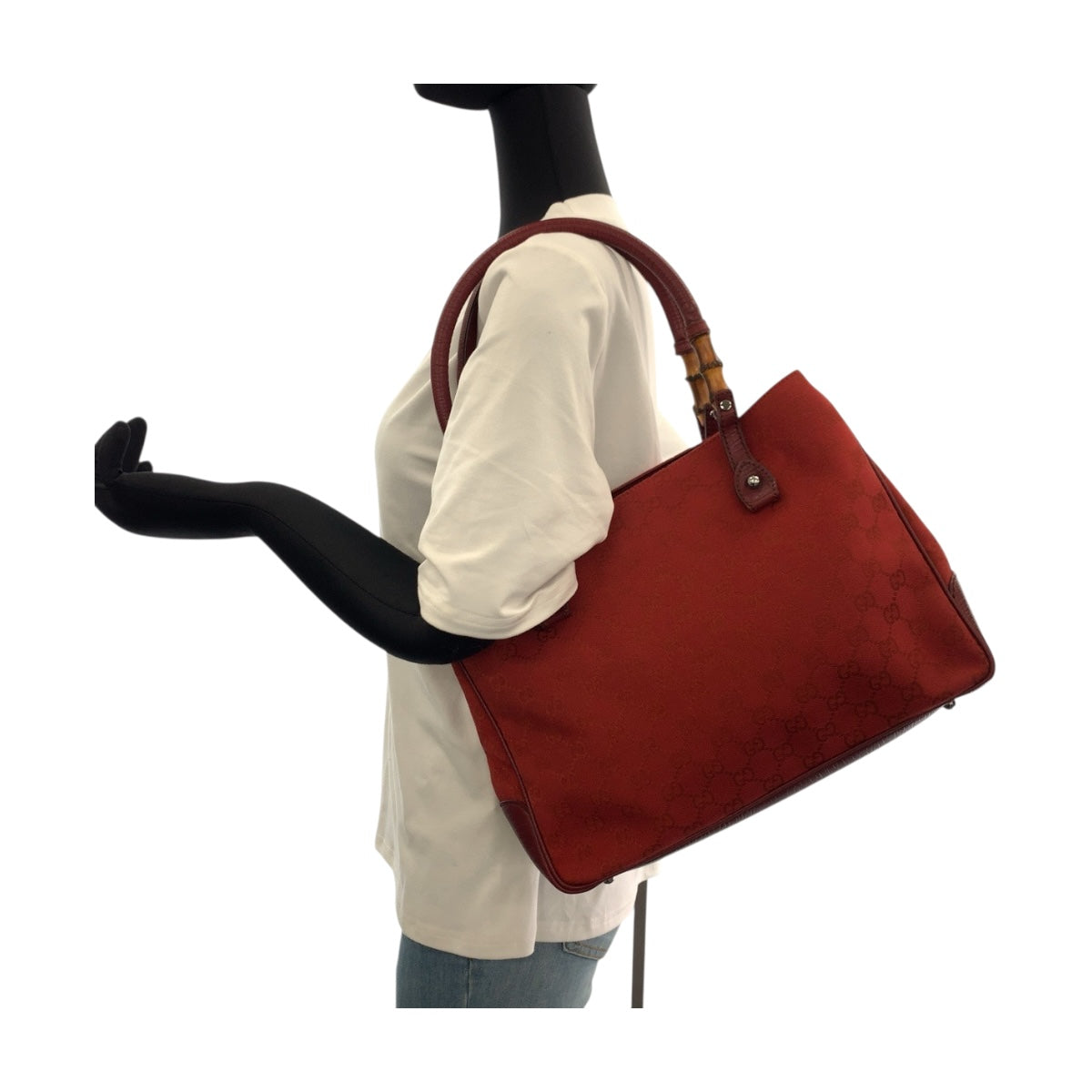 GUCCI Tote Bag 112526 canvas Red Brown SilverMetal Bamboo