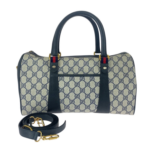 GUCCI Handbag 111 02 072 GG Supreme Canvas Gray Navy Gold Metal Sherry line