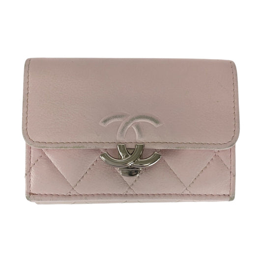 CHANEL Tri-fold wallet leather Pink SilverMetal Matrasse COCO Mark