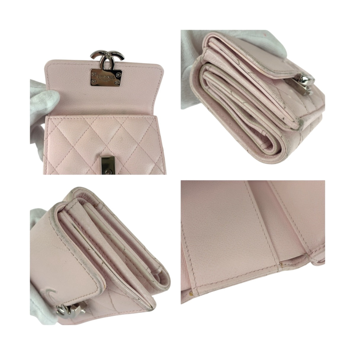 CHANEL Tri-fold wallet leather Pink SilverMetal Matrasse COCO Mark
