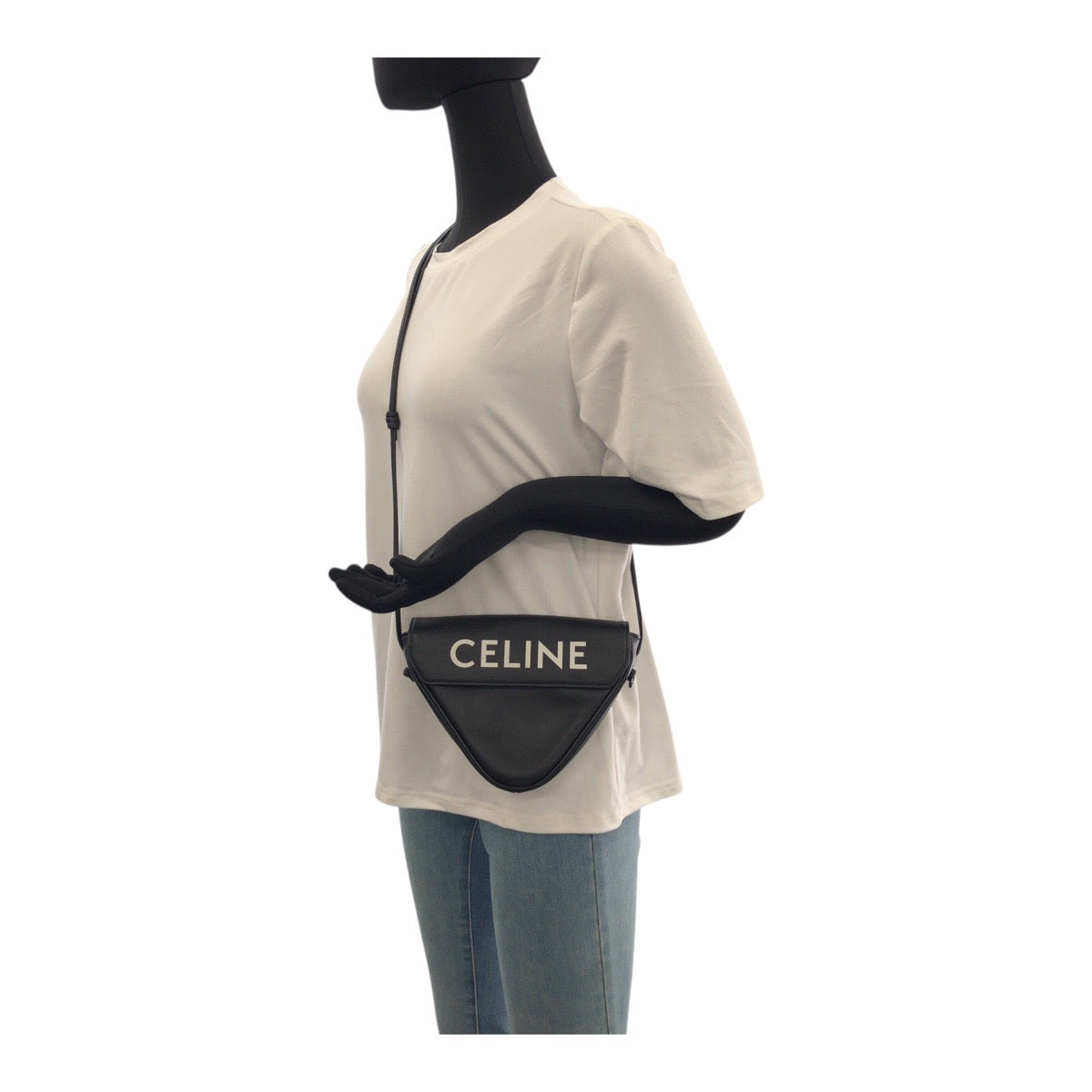 CELINE Shoulder Bag 195903DCS leather black black white Triangle logo