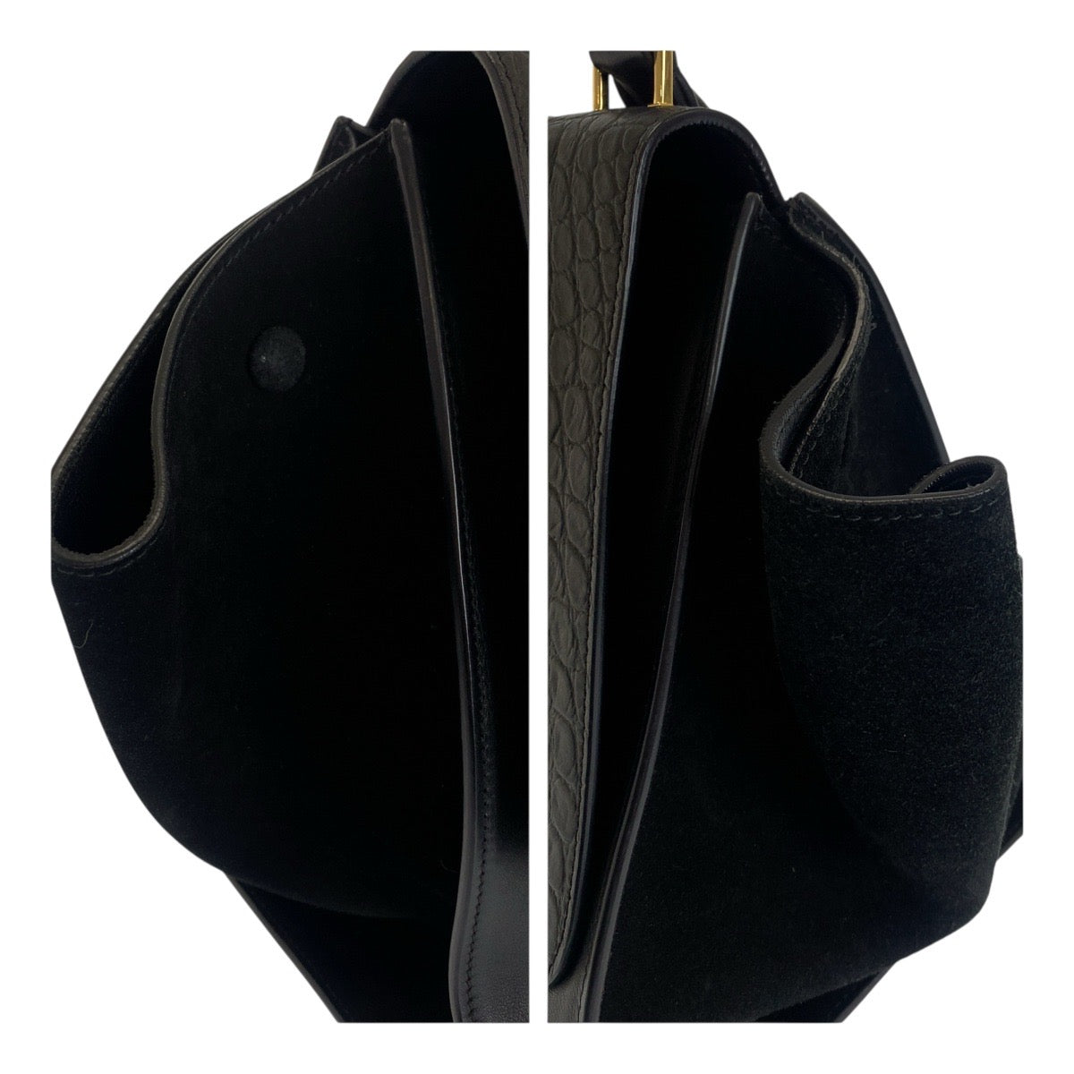 CELINE Shoulder Bag leather Black GoldMetal Trapeze Embossing