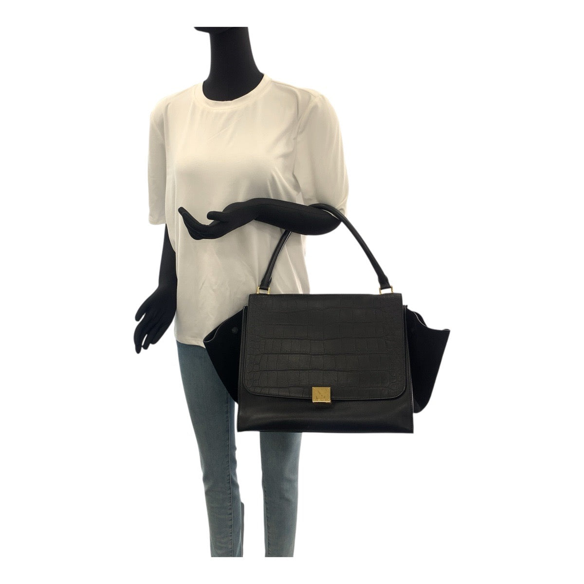 CELINE Shoulder Bag leather Black GoldMetal Trapeze Embossing