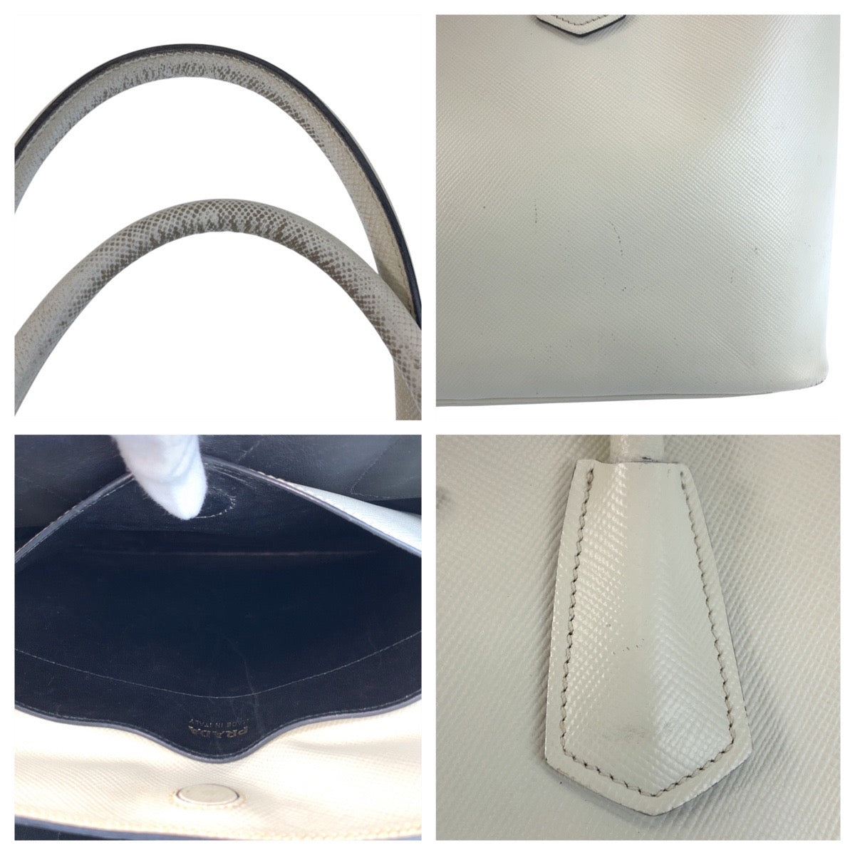 PRADA Tote Bag leather Ivory Safiano Triangle With logo